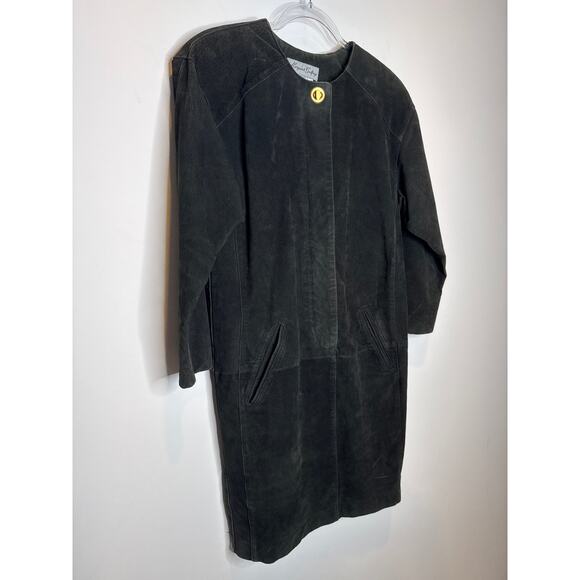 1990s Margaret Godfrey Suede Leather Black Minimalist Dress Size 6 - Picture 6 of 14